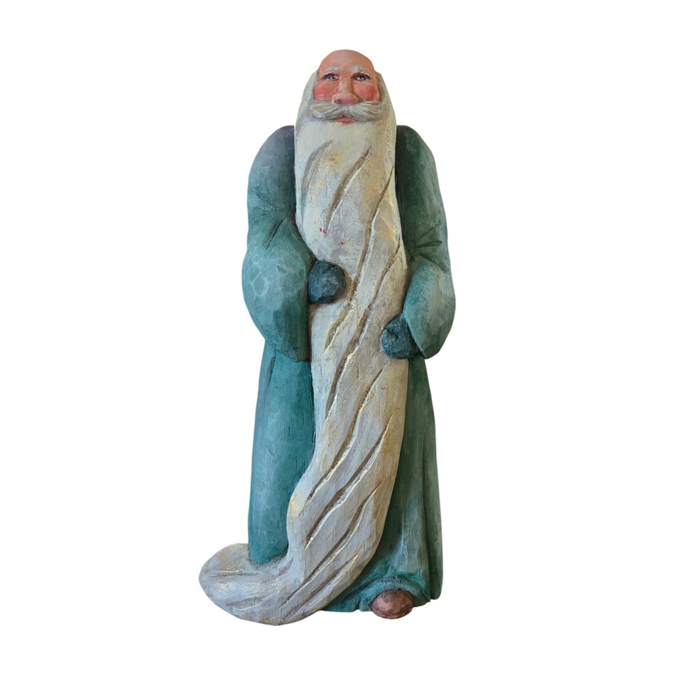 Hand Carved Wooden Santa Claus Figurine Folk Art Christmas Decor Teal Robe 9"